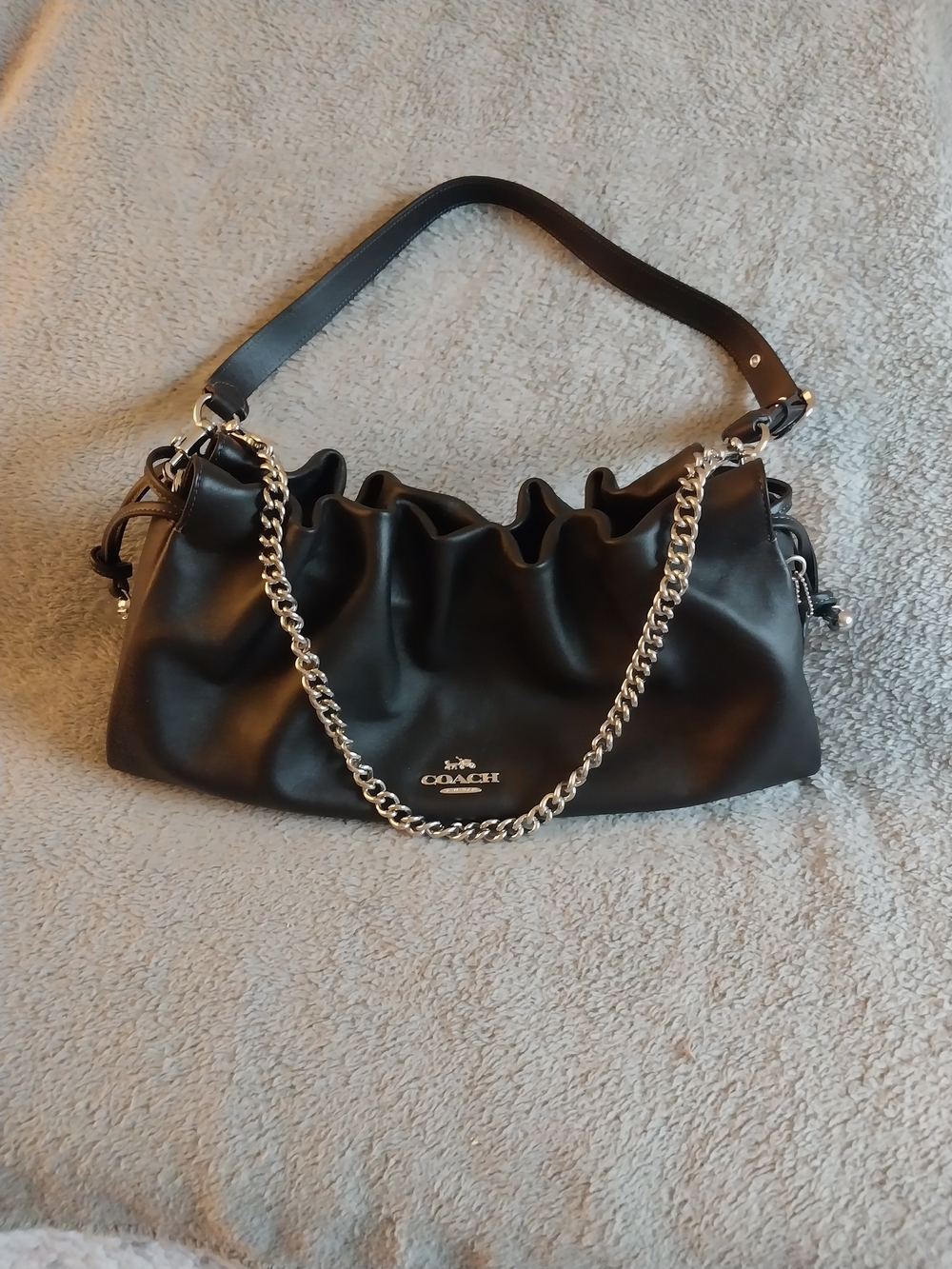 Coach Black Leather Gathered Shoulder Bag with Silver Chain